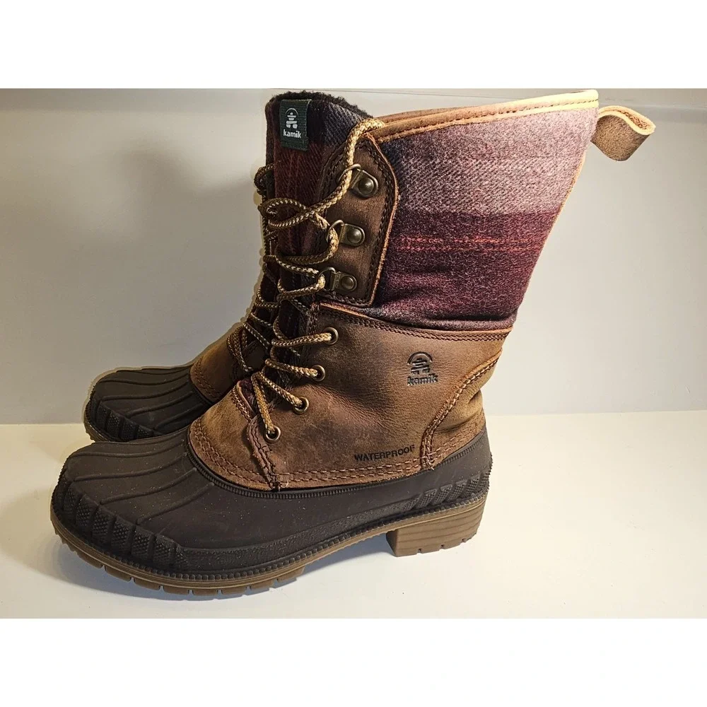 Kamik Sienna 2 Winter Duck Boots Women 8 Leather Rubber Lace Up Waterproof Brown